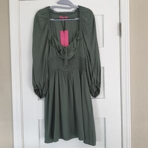 Betsey Johnson Dress Womens L Tossed Dot Dark Ivy Green Smocked